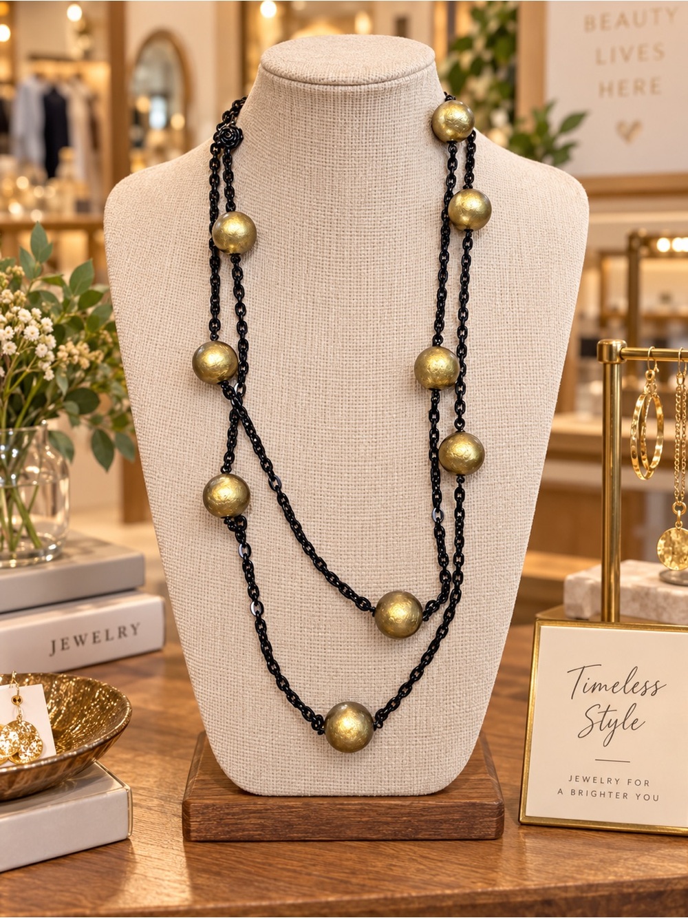 Vintage Black Chain Necklace with Gold Beads